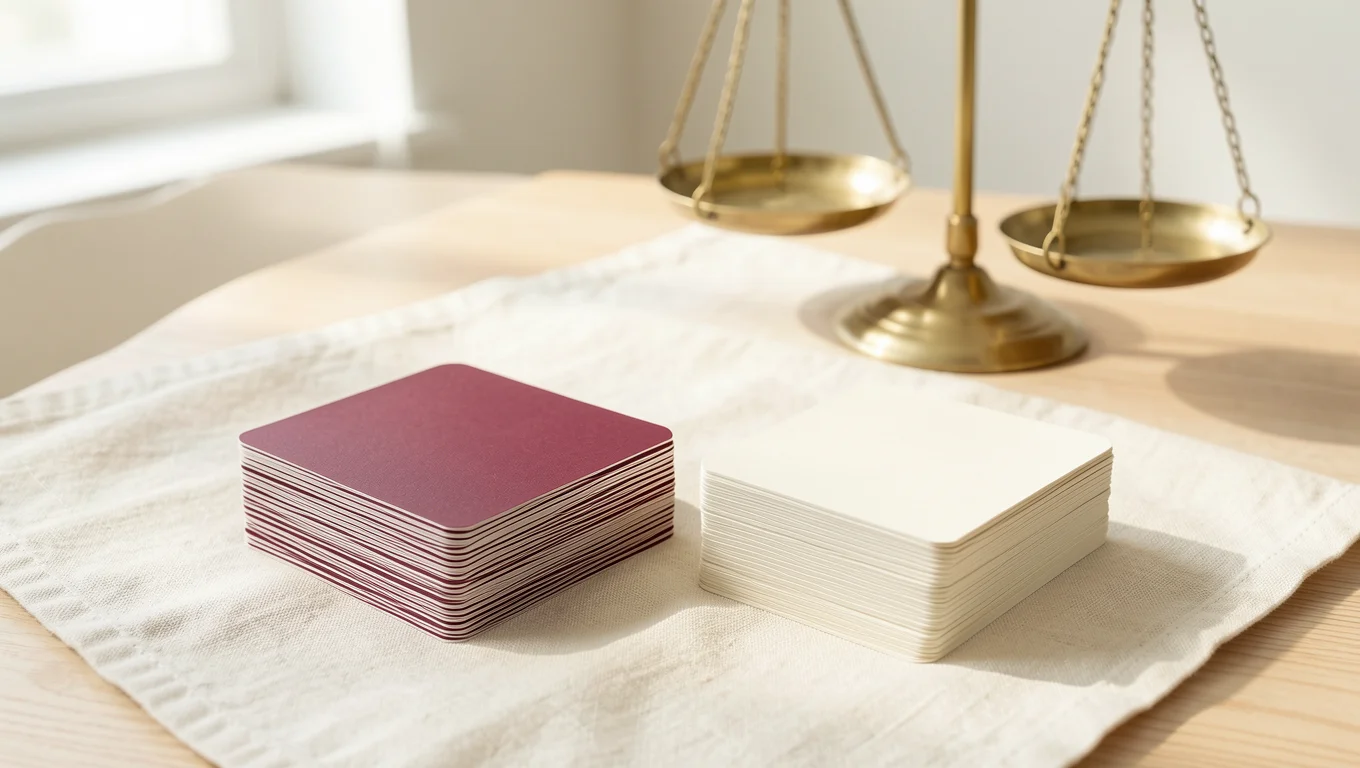 Deux piles de cartes retournées, l'une bordeaux, l'autre ivoire, près d'une balance en laiton