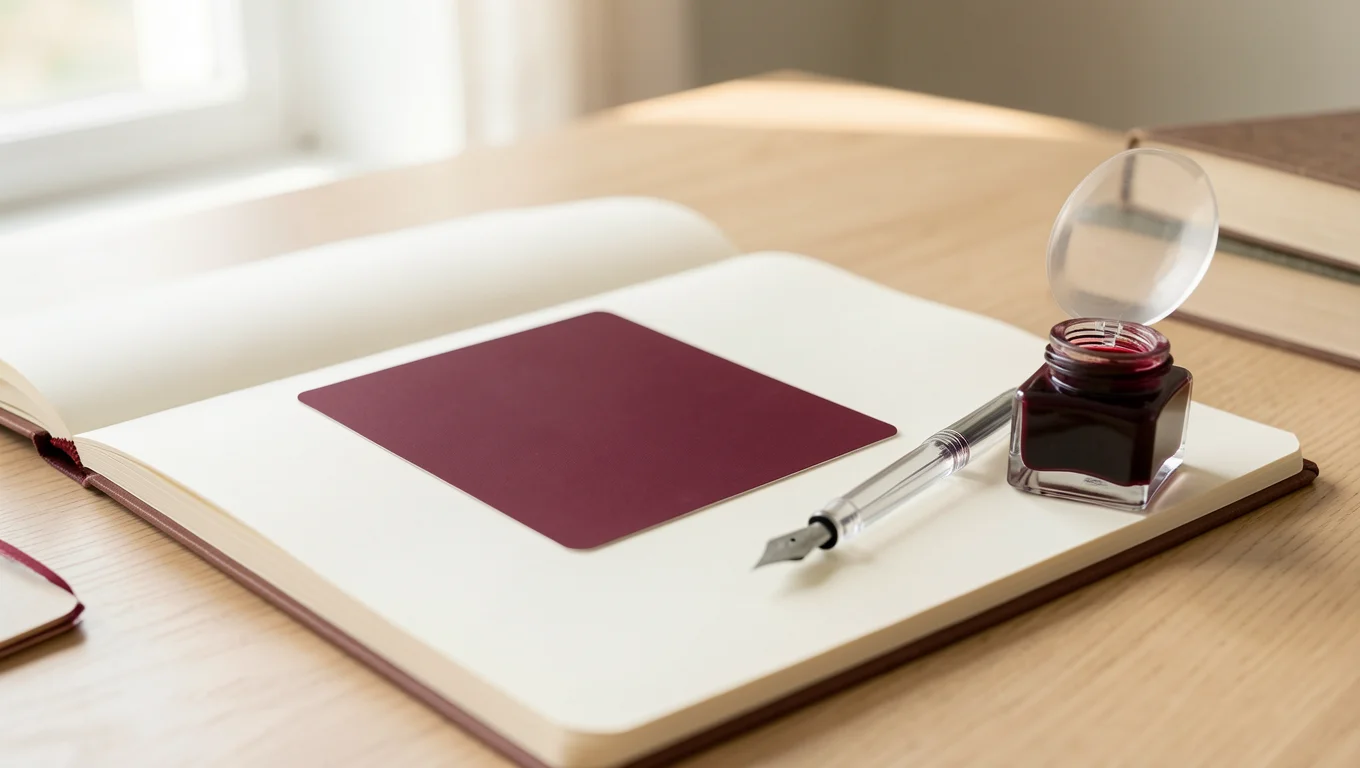 Carte retournée sur un carnet vierge, à côté d'un encrier et d'une plume
