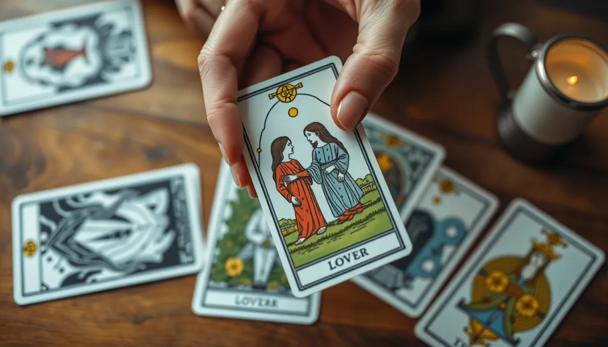 Main tenant la carte de l'Amoureux au-dessus d'un tirage de tarot, vue de dessus.