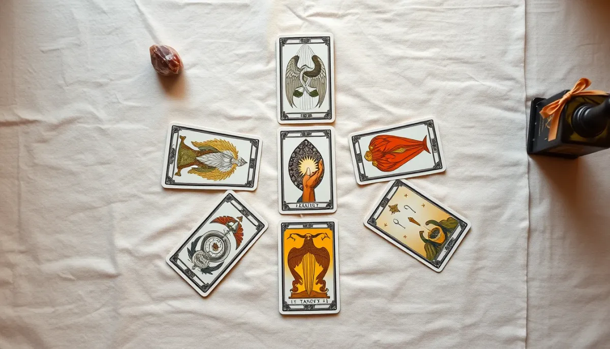 Tirage de tarot en croix avec plusieurs cartes sur un tissu en lin.