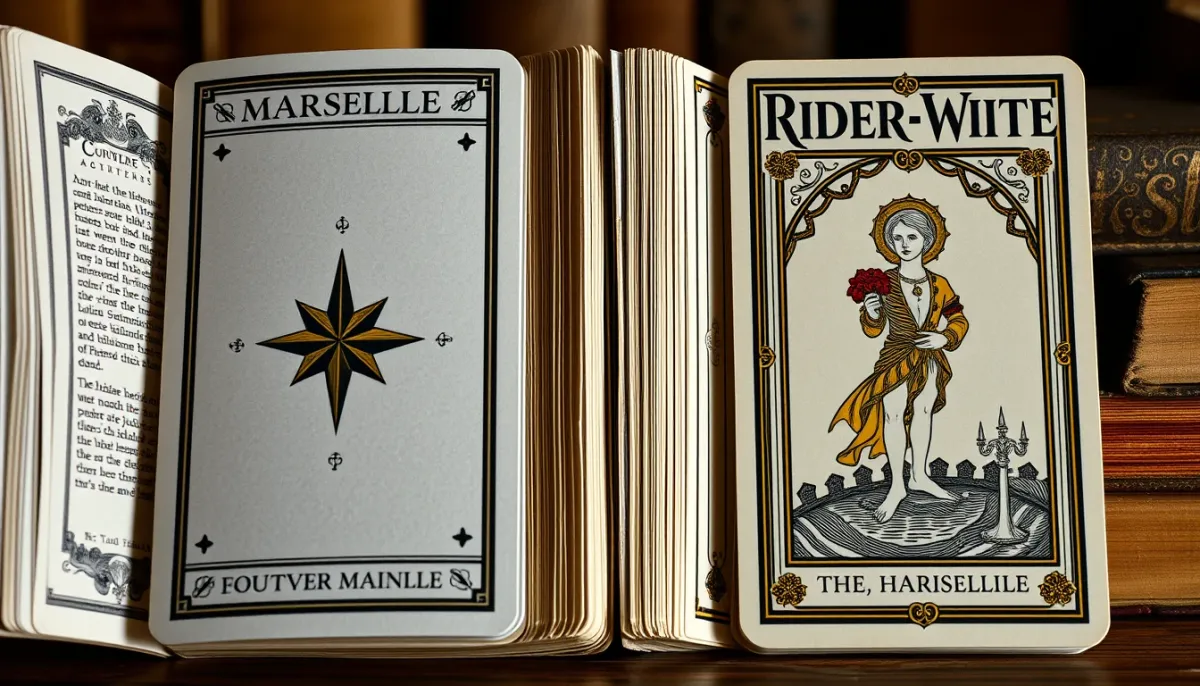 Deux jeux de tarot côte à côte, l'un de Marseille et l'autre Rider-Waite, ouverts sur une table.