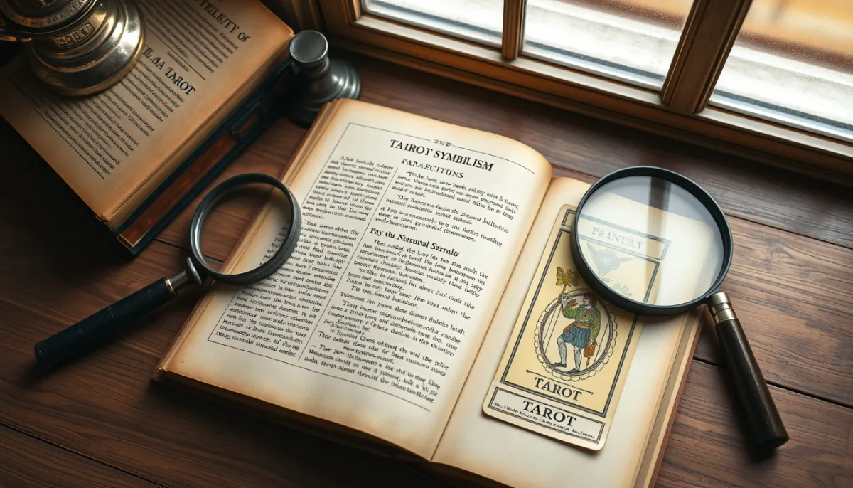 Livre ancien ouvert sur la symbolique du tarot, avec une loupe et une carte de l'Arcane sans nom, évoquant l'histoire et le mystère de la carte