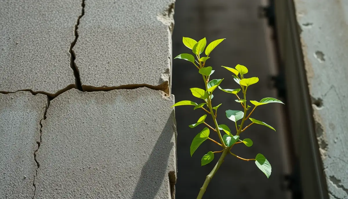 Contraste entre une structure rigide fissurée et une plante flexible poussant à travers les fissures, illustrant la résistance et l'adaptation