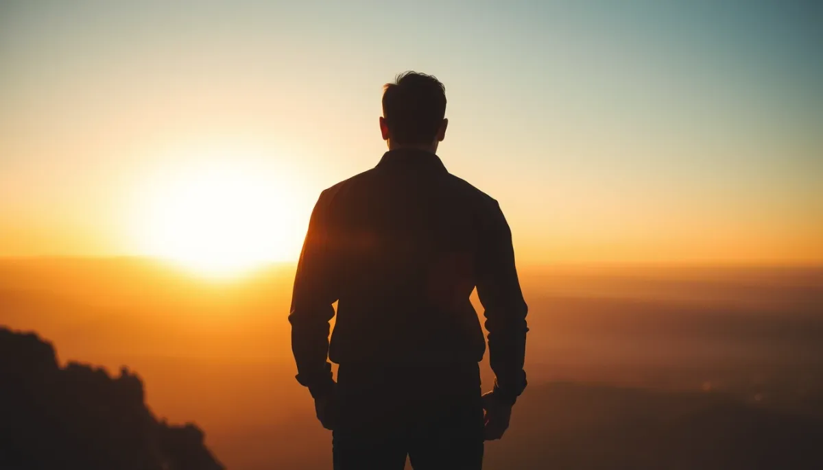 Personne debout au bord d'une falaise au lever du soleil, face à un horizon ouvert, symbolisant un nouveau départ après l'effondrement