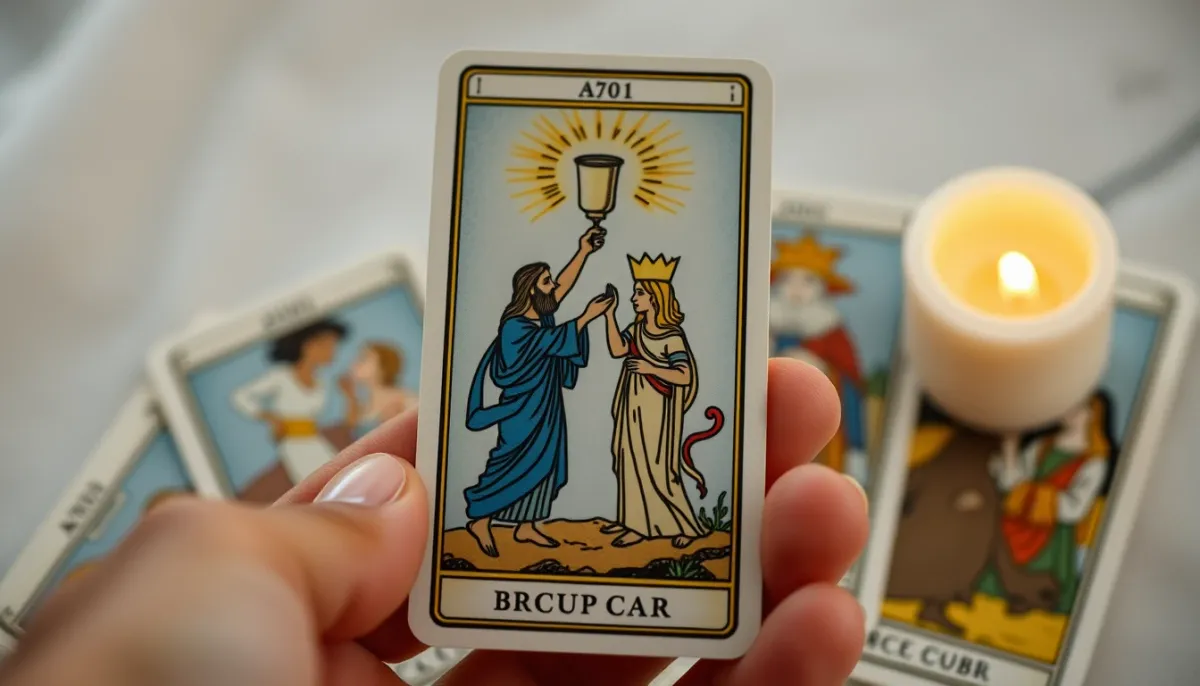 Gros plan sur une carte de tarot illustrant une scène de célébration avec trois personnages levant des coupes, tenue par une main, dans une ambiance chaleureuse.
