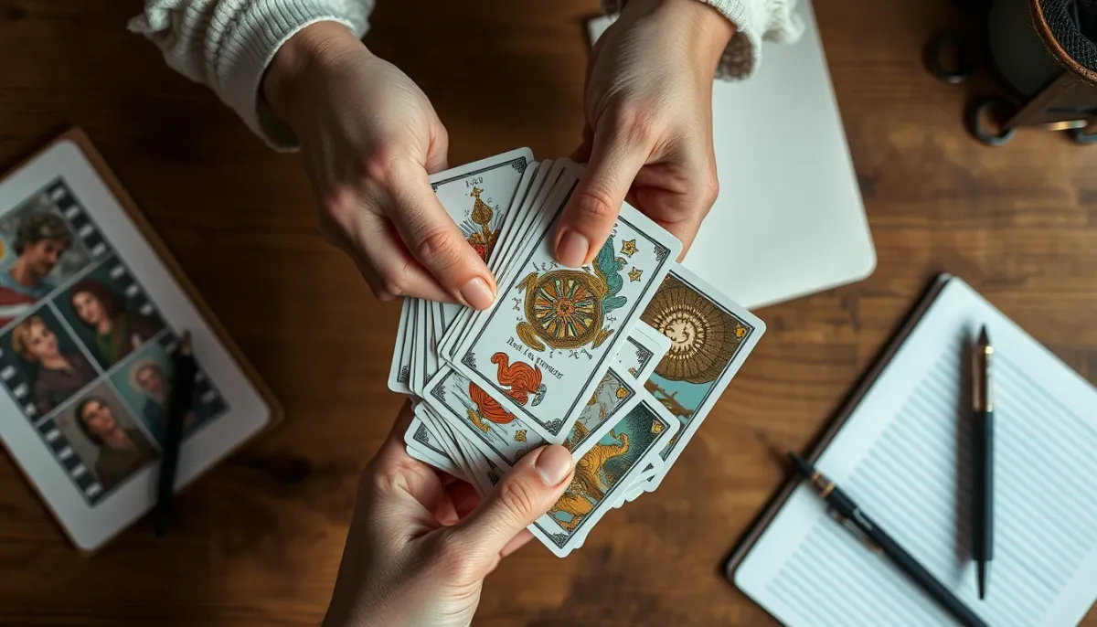 Mains mélangeant un jeu de tarot illustré, vue de dessus, sur une table en bois avec un carnet et un stylo à proximité, dans une lumière douce.