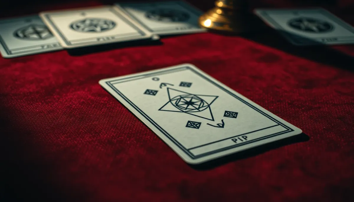 Carte de tarot avec des symboles géométriques (pips) posée sur un tissu en velours, éclairage latéral dramatique, ambiance mystérieuse et contemplative.