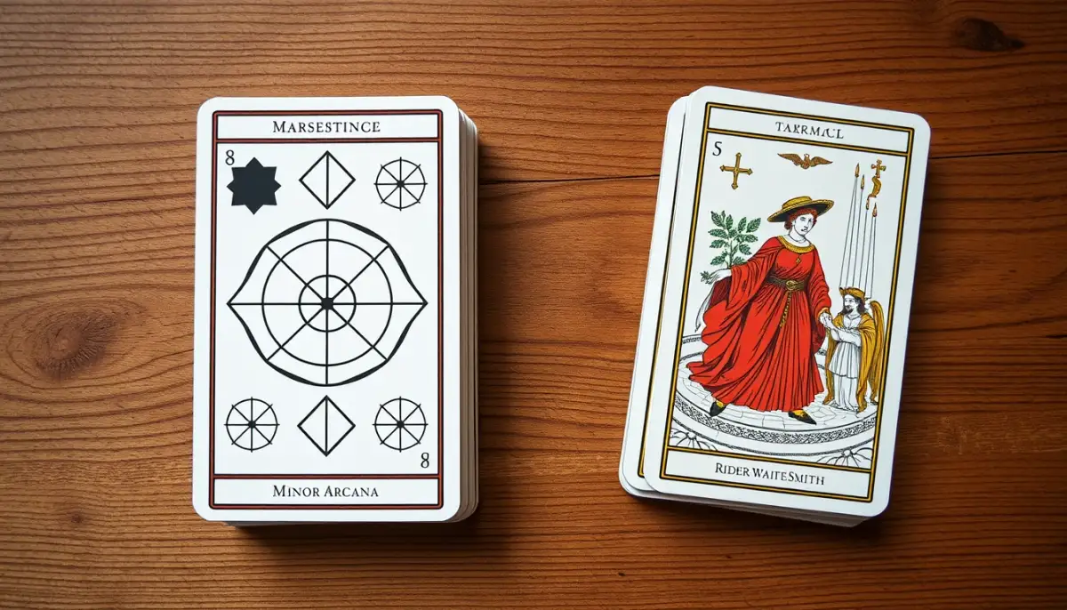 Deux jeux de tarot côte à côte : un Tarot de Marseille aux arcanes mineurs abstraits et un Rider-Waite-Smith entièrement illustré