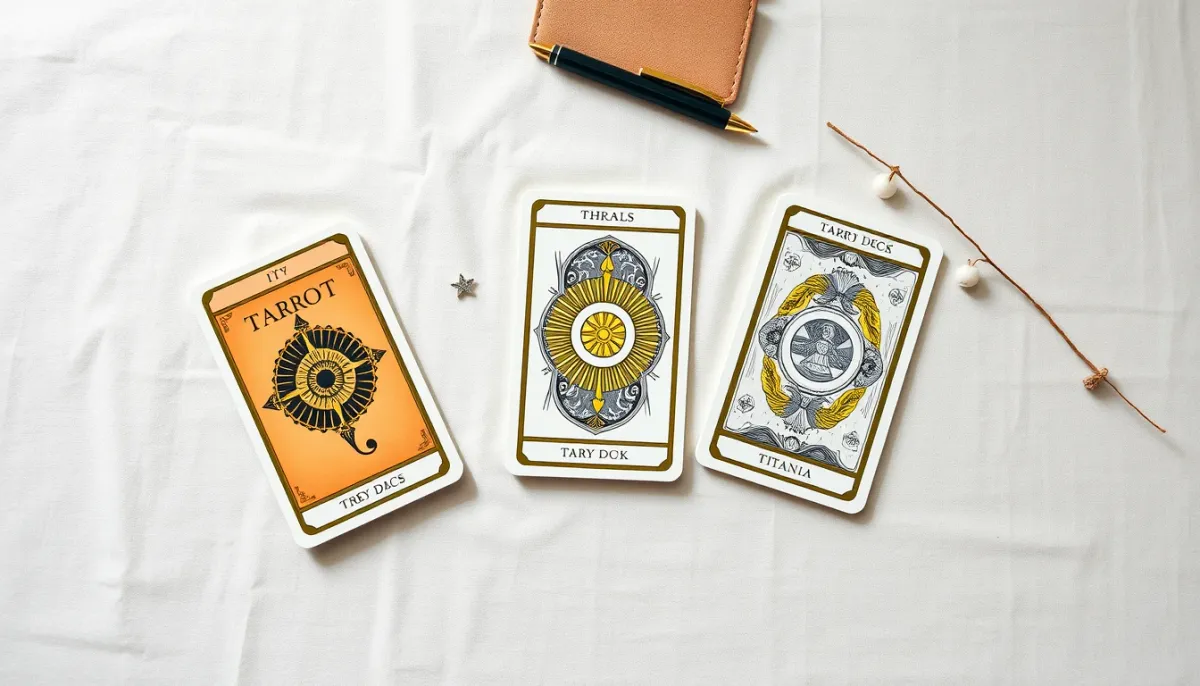 Trois jeux de tarot pour débutants disposés sur un tissu en lin, vus de dessus, avec un carnet et un stylo