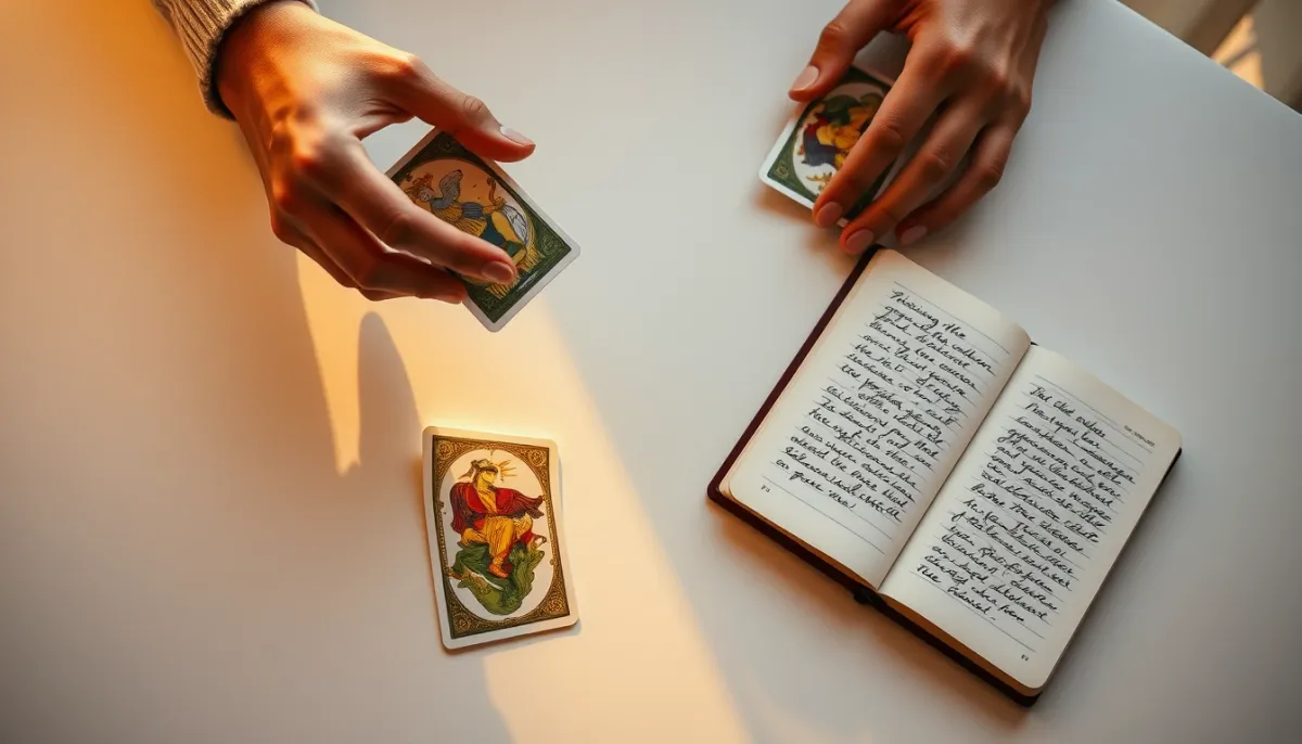 Mains mélangeant un jeu de tarot au-dessus d'une table blanche, avec un carnet ouvert et une carte face visible, lumière dorée