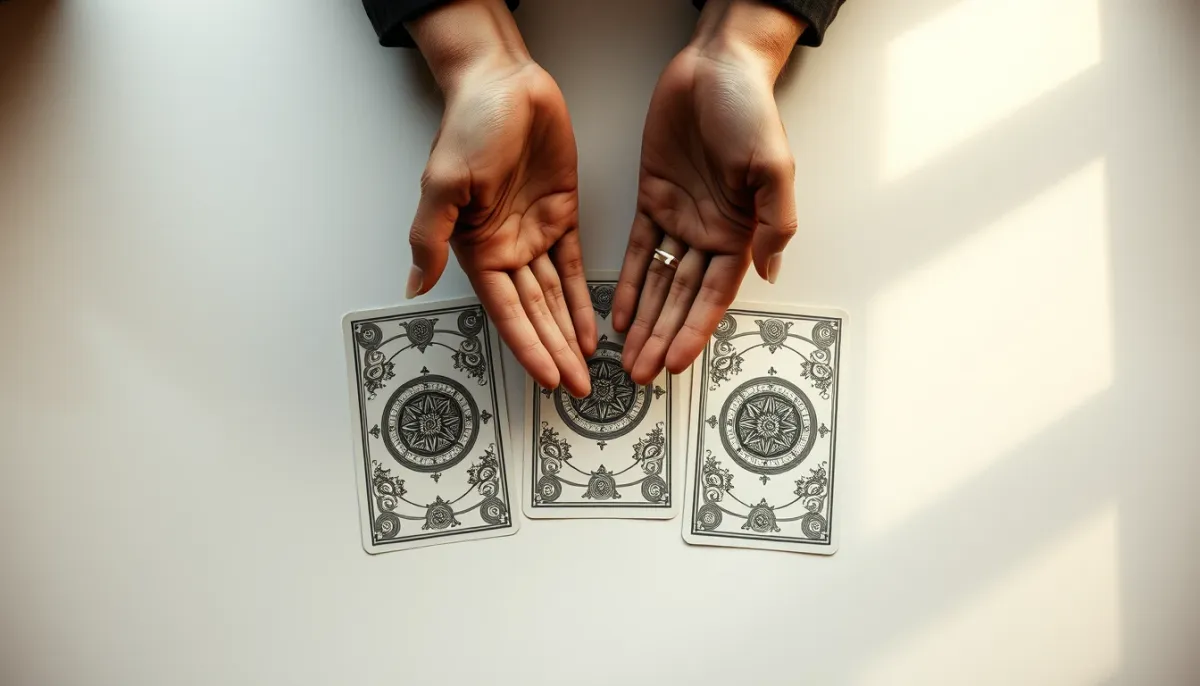Trois cartes de tarot alignées horizontalement vues de dessus, avec des mains en arrière-plan