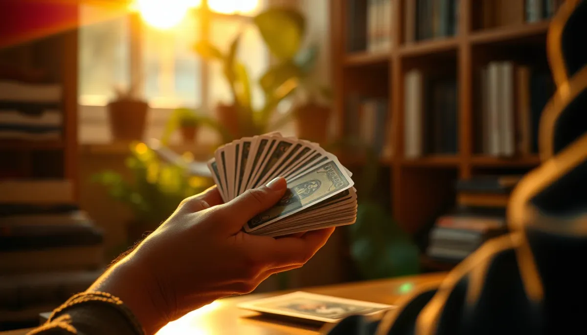 Mains mélangeant un jeu de tarot près d'une fenêtre à la lumière dorée