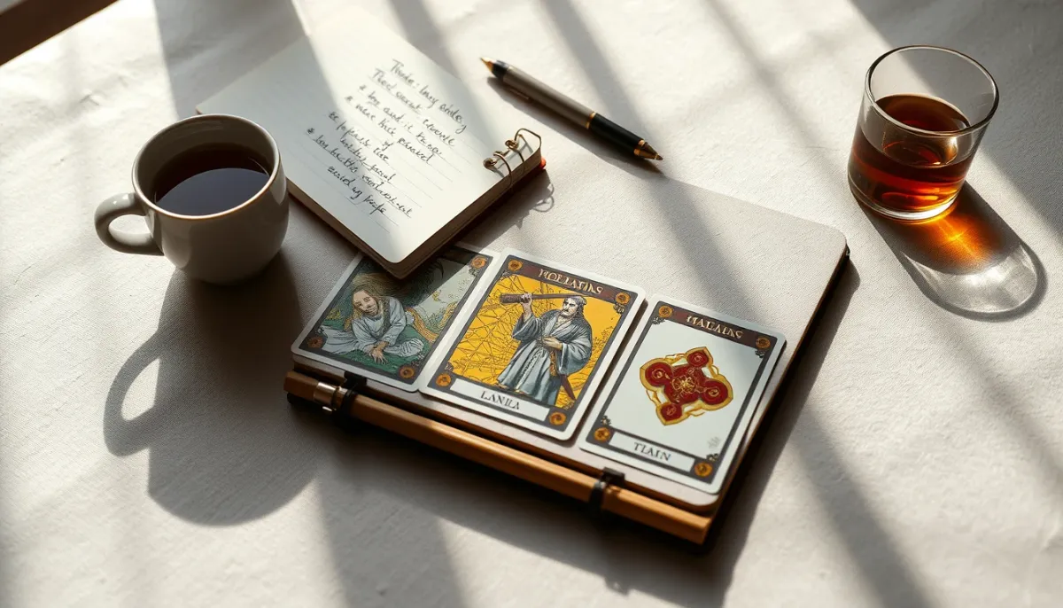 Tirage de tarot avec trois cartes, carnet de notes et tasse de thé sur une table