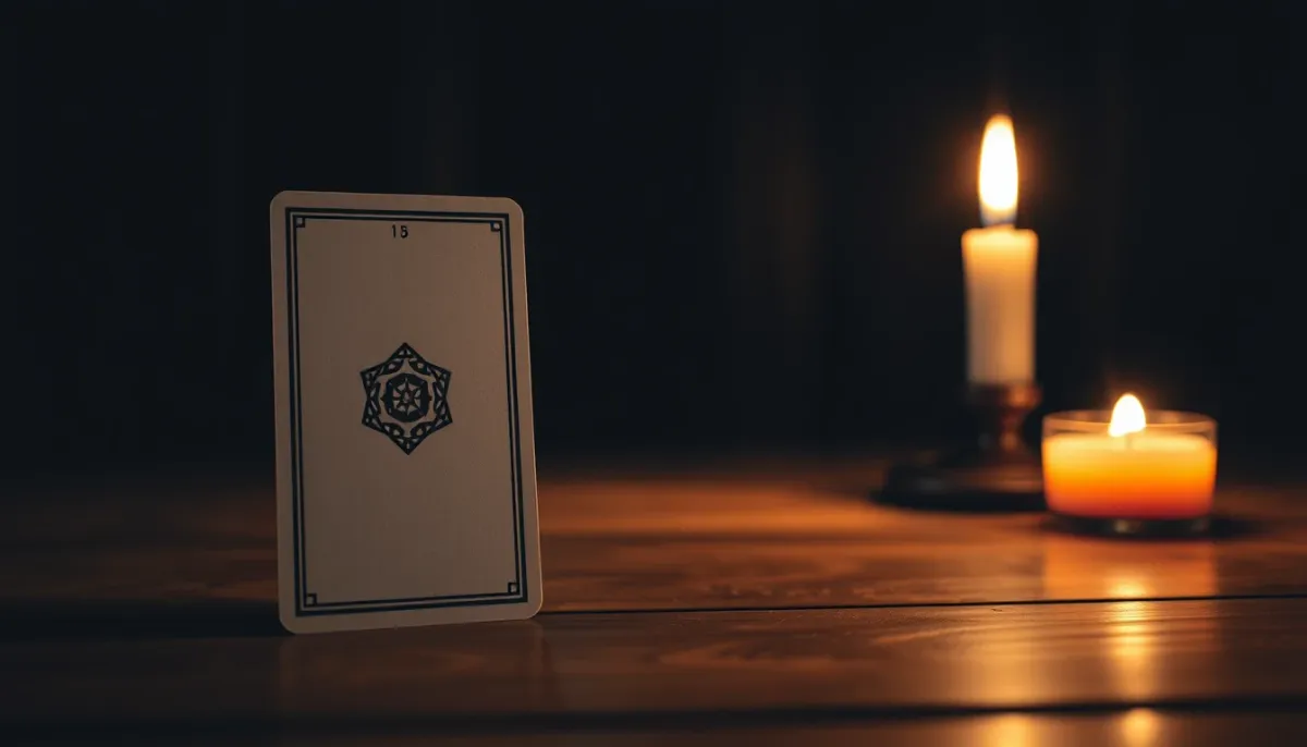 Une carte de tarot seule debout sur une table en bois, éclairée par une bougie