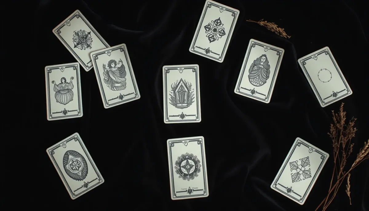 Sept cartes de tarot disposées en arc de cercle formant un fer à cheval