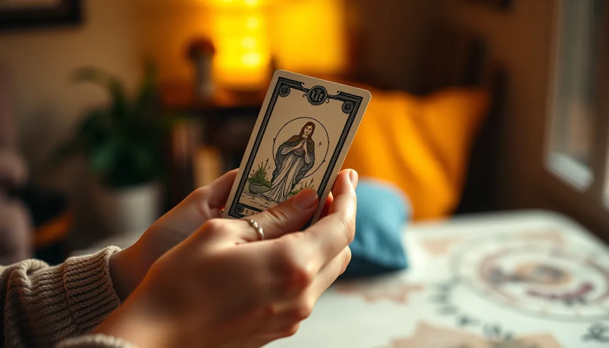Mains tenant une carte de tarot lors d'une lecture