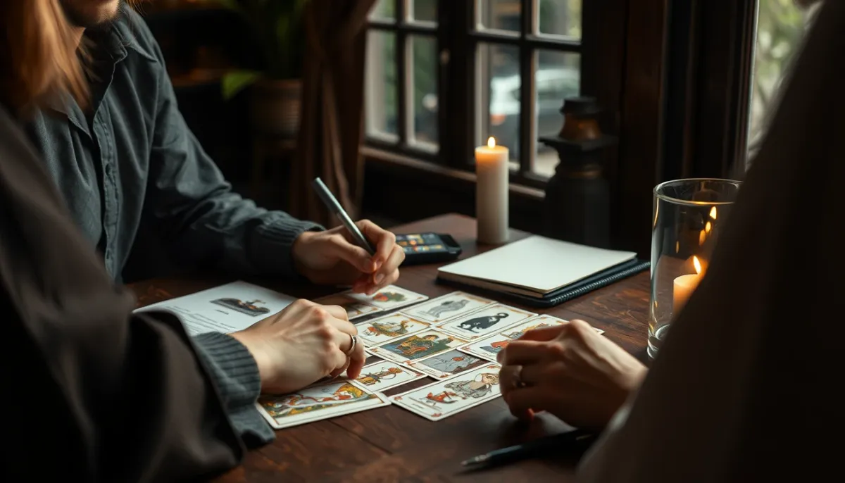 Séance de tirage de tarot avec un carnet de notes