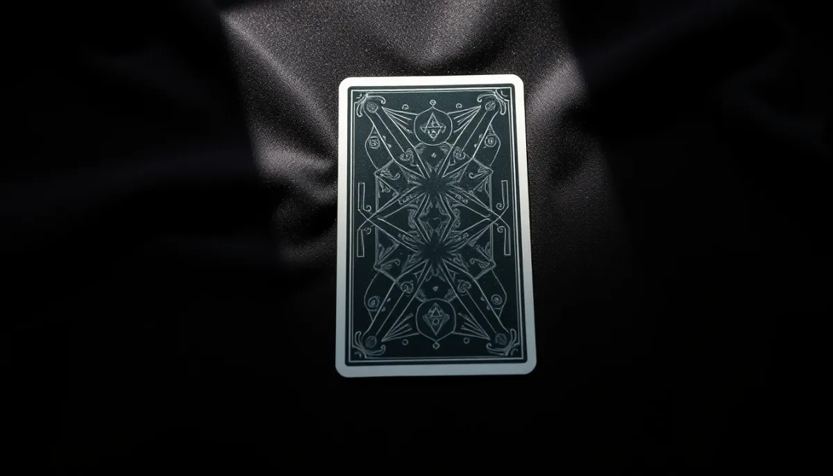 Gros plan d'une carte de tarot renversée posée sur un tissu en velours sombre, éclairée par une lumière naturelle douce.