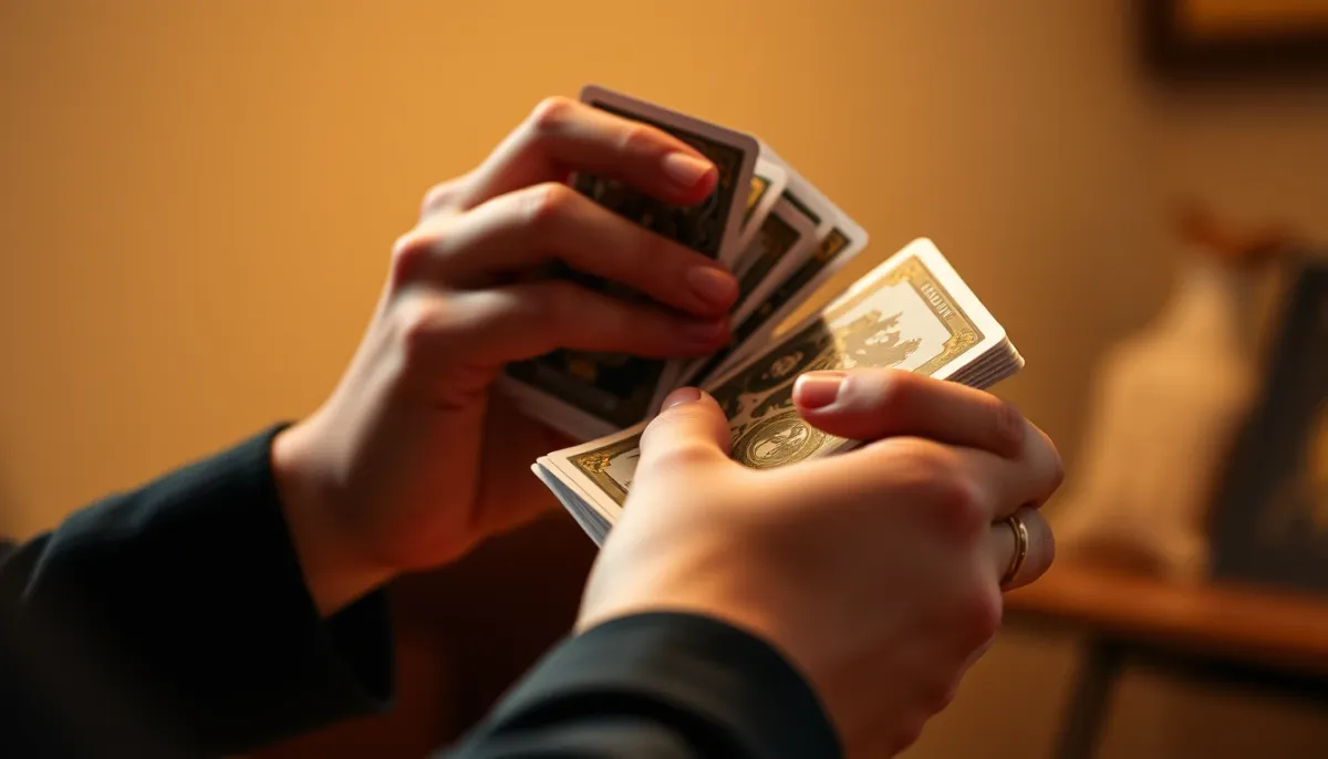 Mains d'une personne mélangeant un jeu de tarot, avec quelques cartes visibles, dans une ambiance calme et concentrée.