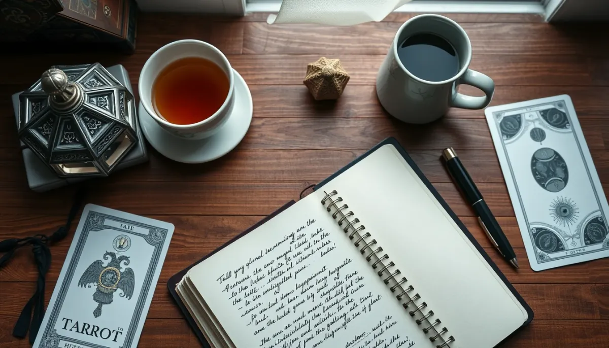 Journal de tarot ouvert avec un stylo et une carte de tarot posée à côté, sur un bureau en bois, dans une ambiance sereine.