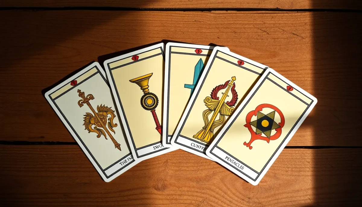 Quatre cartes de tarot représentant les séries Bâtons, Coupes, Épées et Deniers, disposées en éventail sur une table en bois