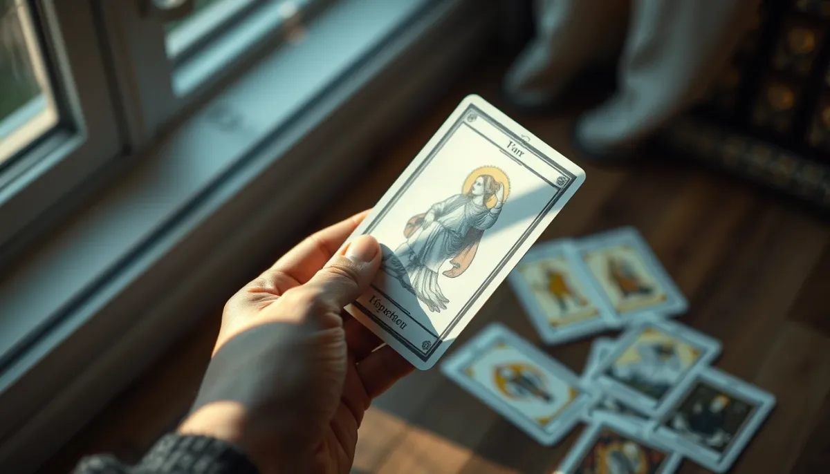 Mains tenant une carte de tarot, gros plan sur la carte et les doigts, dans une ambiance contemplative