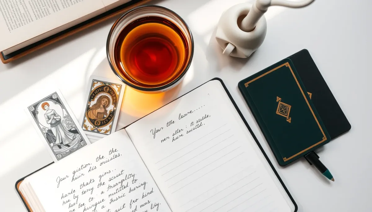 Carnet de notes et stylo sur un bureau avec des cartes de tarot, vue de dessus, évoquant l'étude et la réflexion
