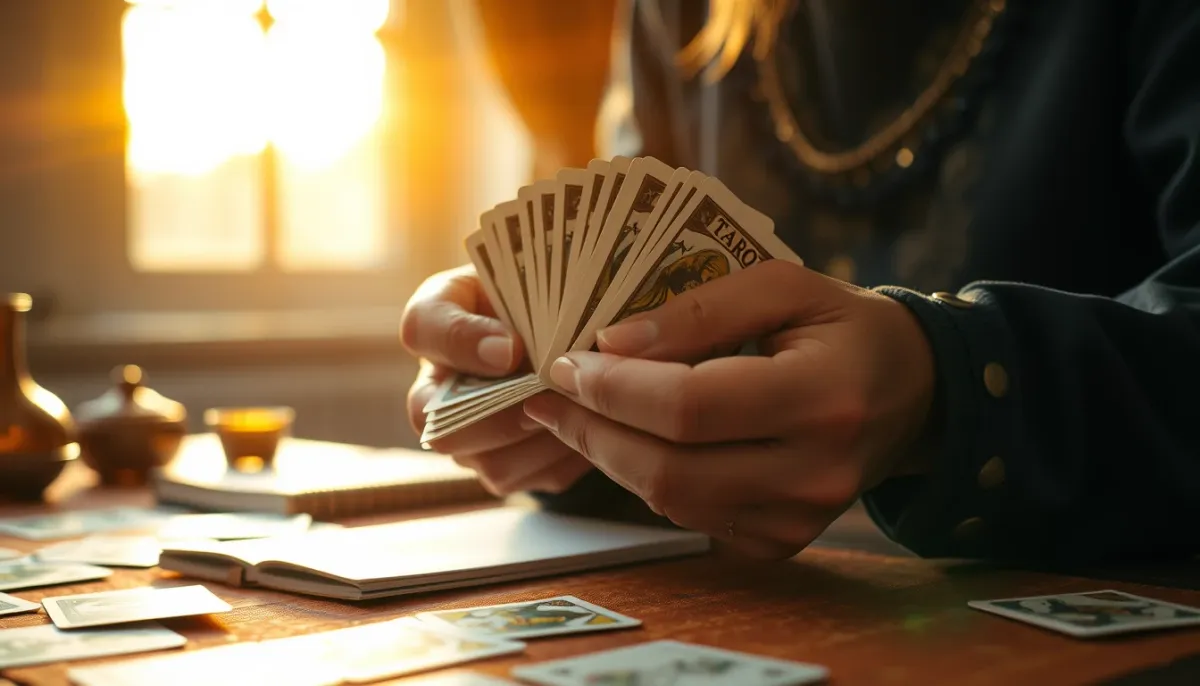 Mains d'un praticien mélangeant un jeu de tarot, éclairées par une lumière dorée