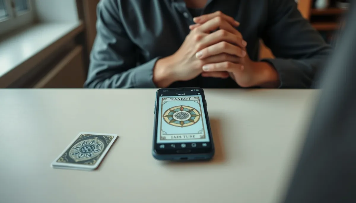Personne consultant une application de tarot sur son téléphone, avec des cartes physiques à côté