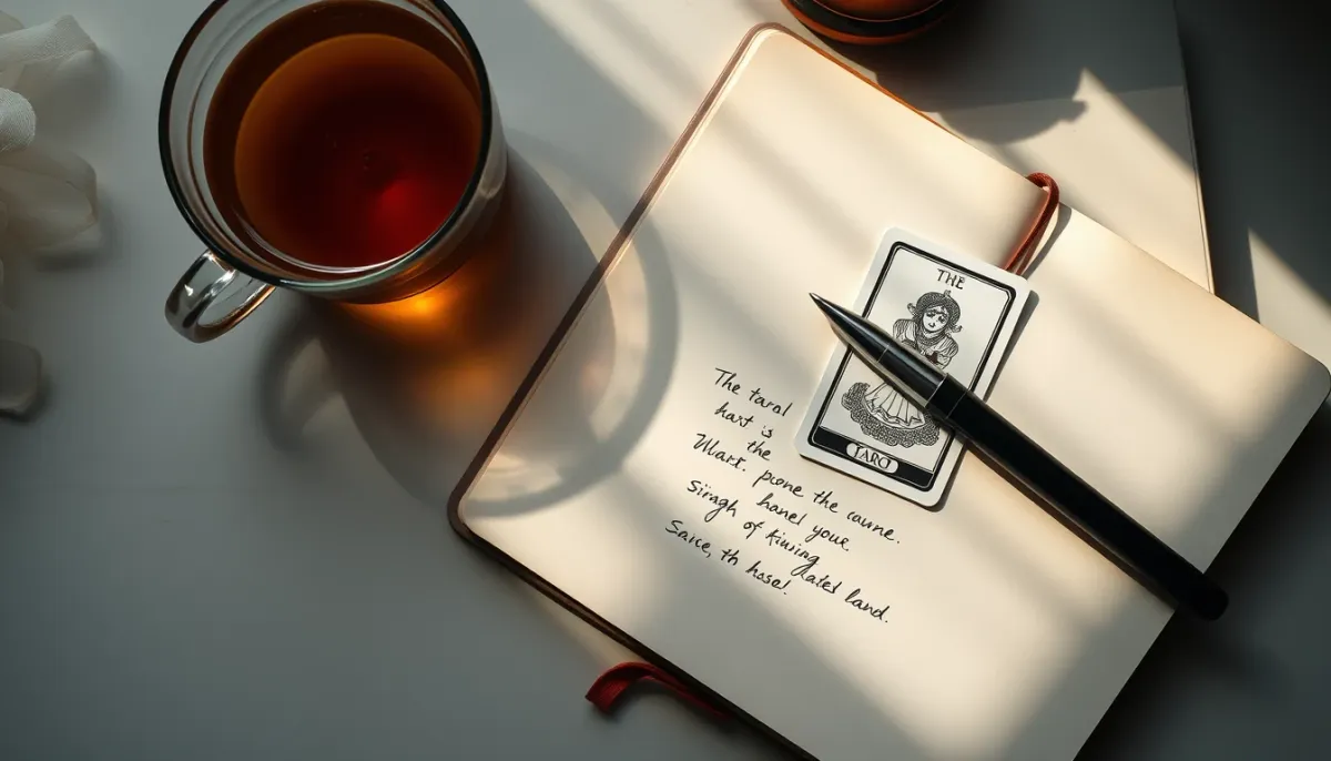Journal de tarot ouvert avec une carte posée dessus, stylo et tasse de thé, vue de dessus