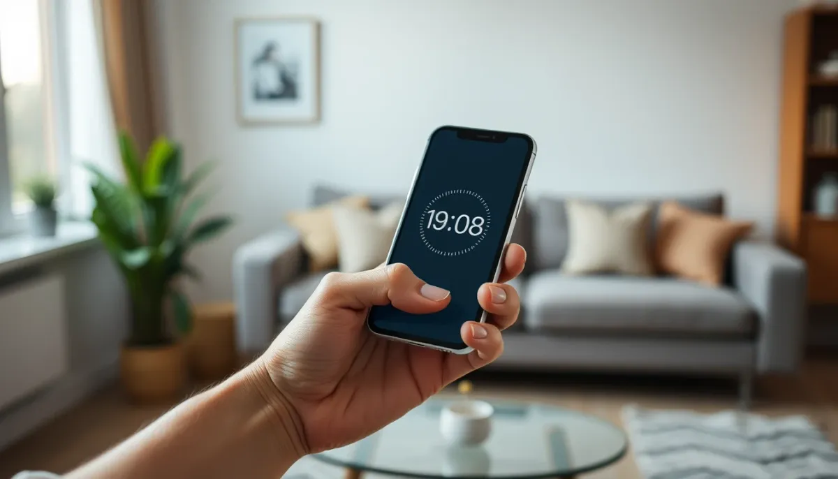 Main tenant un smartphone avec une application de minuterie, symbolisant les minutes offertes en voyance