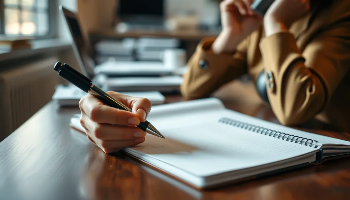 Personne prenant des notes pendant une consultation téléphonique, illustrant une séance d'essai utile