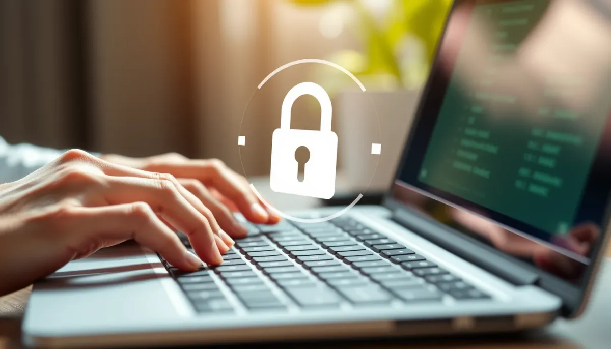 Mains tapant sur un clavier avec un cadenas symbolique à l'écran, représentant les risques de confidentialité liés à l'IA de guidance