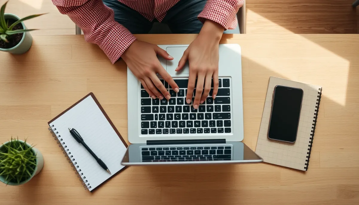 Personne utilisant un ordinateur portable avec un carnet et un stylo à côté, montrant une utilisation réfléchie d'une IA de guidance