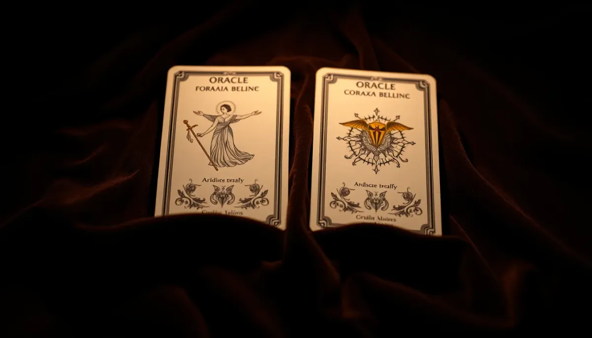 Deux cartes de l'Oracle Belline côte à côte sur un tissu sombre, symbolisant l'association entre cartes