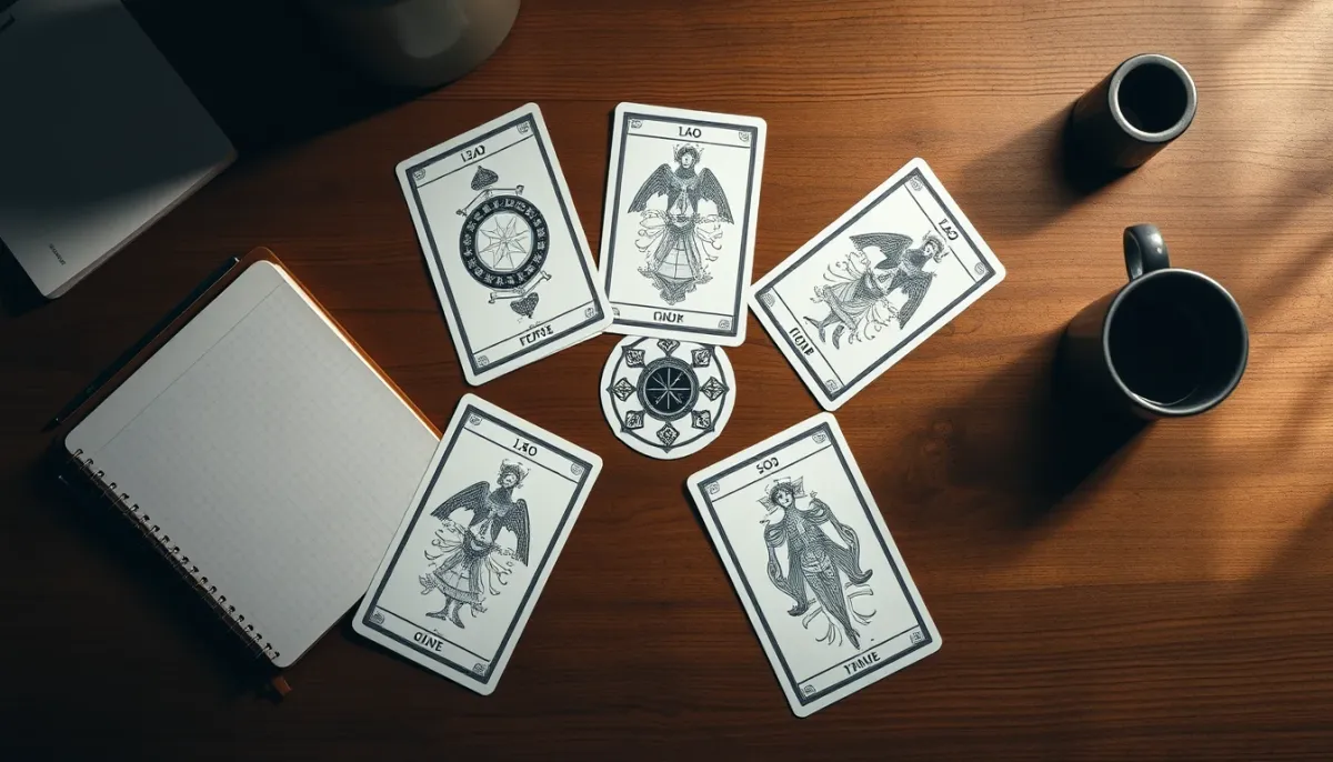 Tirage en croix de cinq cartes de l'Oracle Belline sur une table en bois