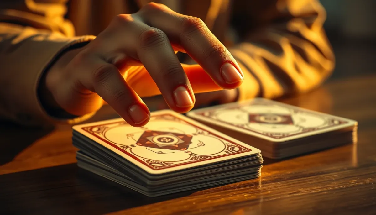 Mains au-dessus d'un jeu de cartes Oracle Belline, évoquant la prudence dans l'interprétation