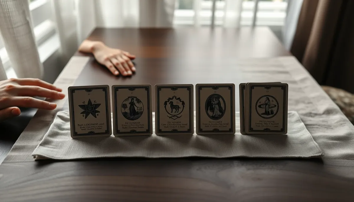 Cartes du Petit Lenormand alignées face visible sur une table en noyer, éclairées par une lumière naturelle douce
