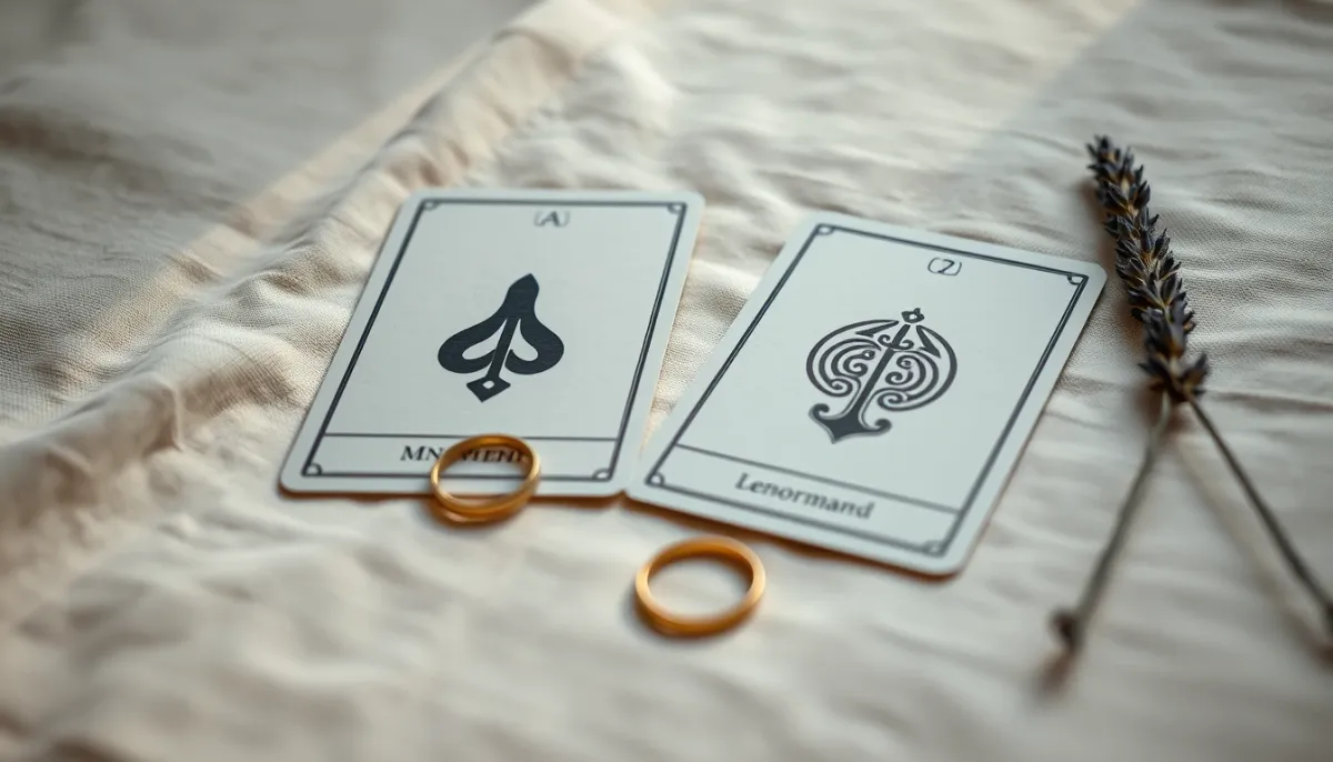 Gros plan sur deux cartes du Petit Lenormand posées côte à côte sur un tissu en lin, avec une bague et de la lavande séchée
