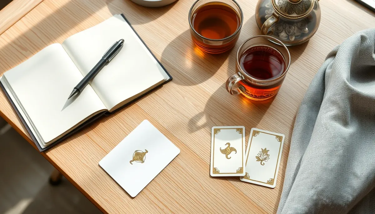 Espace de travail pour débuter le Petit Lenormand avec un carnet, un stylo, une tasse de thé et un tirage de trois cartes