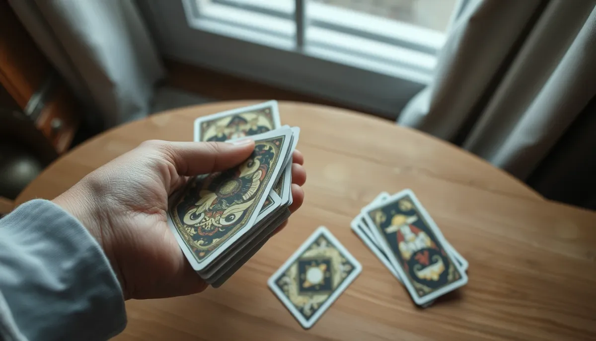 Mains mélangeant un jeu de tarot, vue de dessus, lumière naturelle