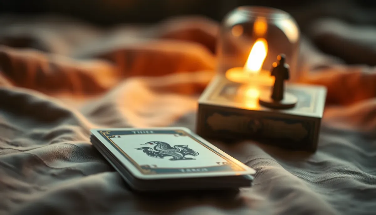 Carte d'oracle tirée et posée sur un tissu, éclairage doré, ambiance intime