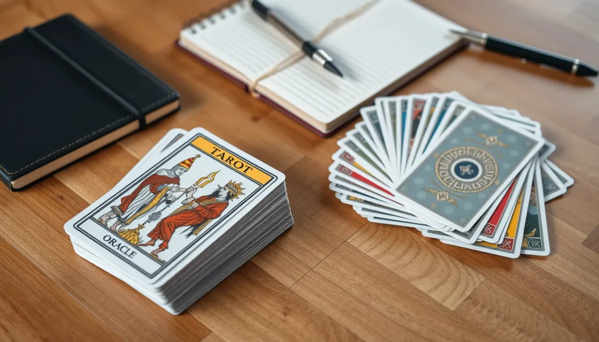 Comparaison entre un jeu de tarot et un oracle sur une table en bois