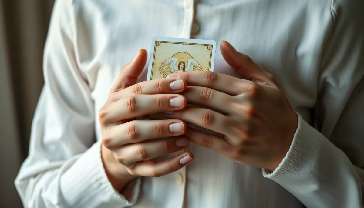 Mains tenant une carte oracle des anges contre soi dans une ambiance intime