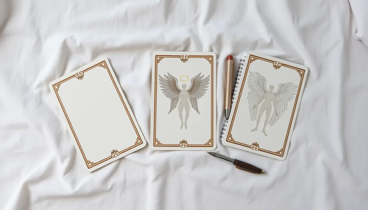 Trois cartes oracle des anges alignées sur un tissu blanc avec un carnet de notes