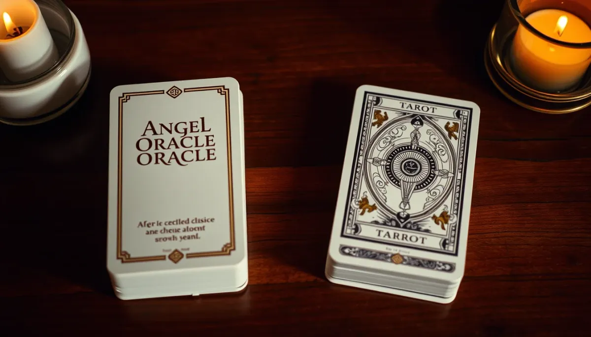 Comparaison entre un jeu de cartes oracle des anges et un jeu de tarot côte à côte