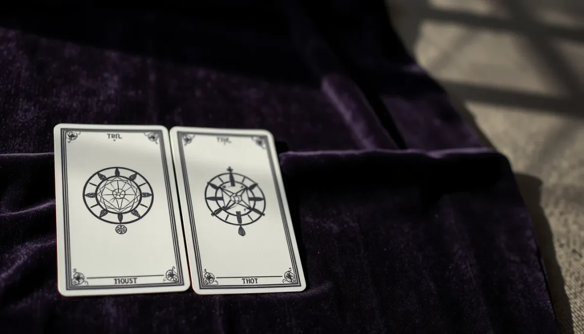 Trois cartes de l'oracle de la Triade alignées sur un tissu sombre, éclairées doucement