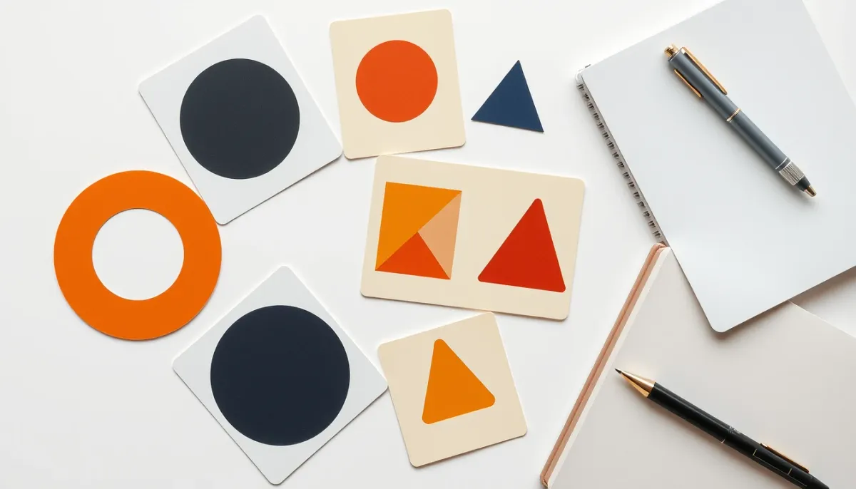 Cartes de l'oracle Gé avec des formes géométriques simples sur une surface blanche, vue de dessus
