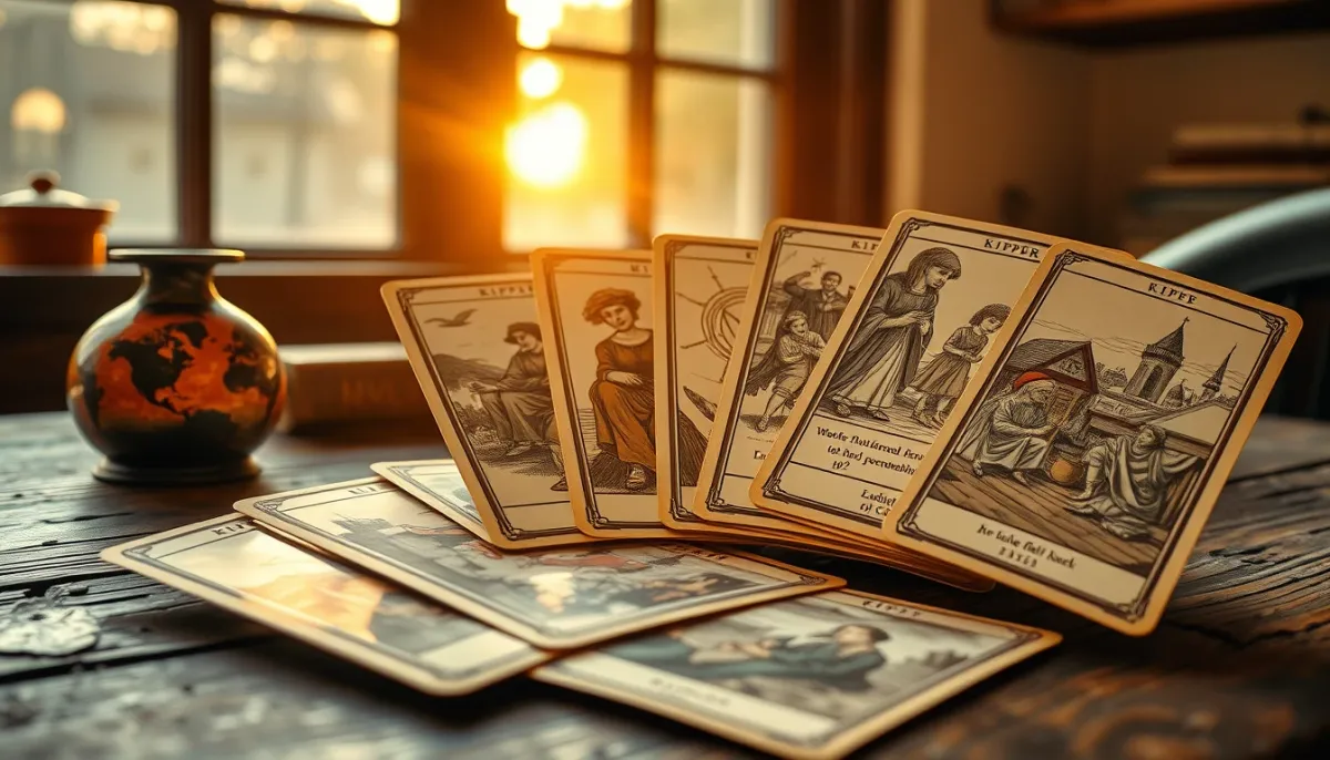 Jeu de cartes Kipper ancien avec des illustrations de scènes quotidiennes, éclairé par une lumière dorée