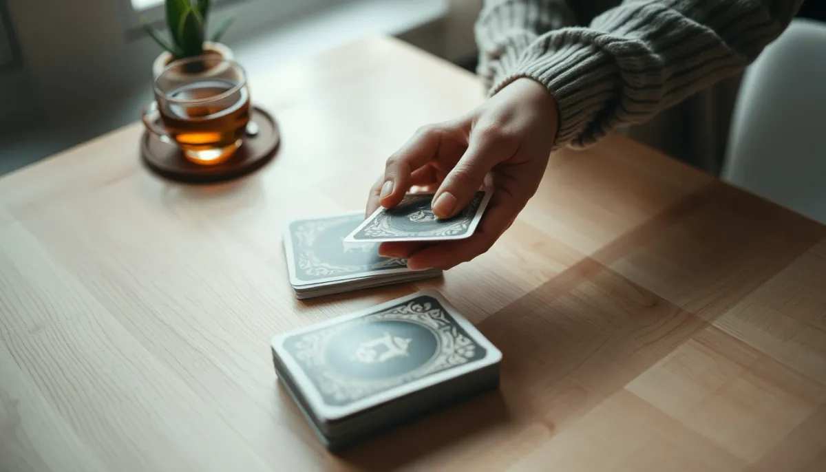 Mains mélangeant un jeu de cartes oracle sur une table en bois avec une tasse de thé